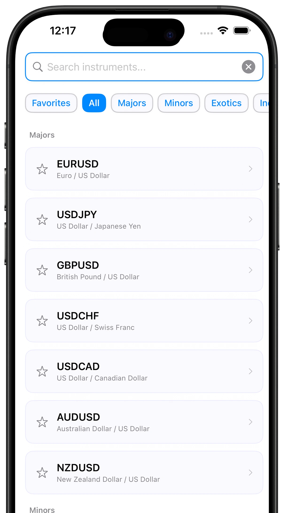 Pips app instrument picker with forex pairs